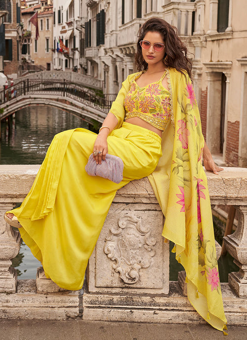 Yellow Handwork Embellished Draped Skirt Set