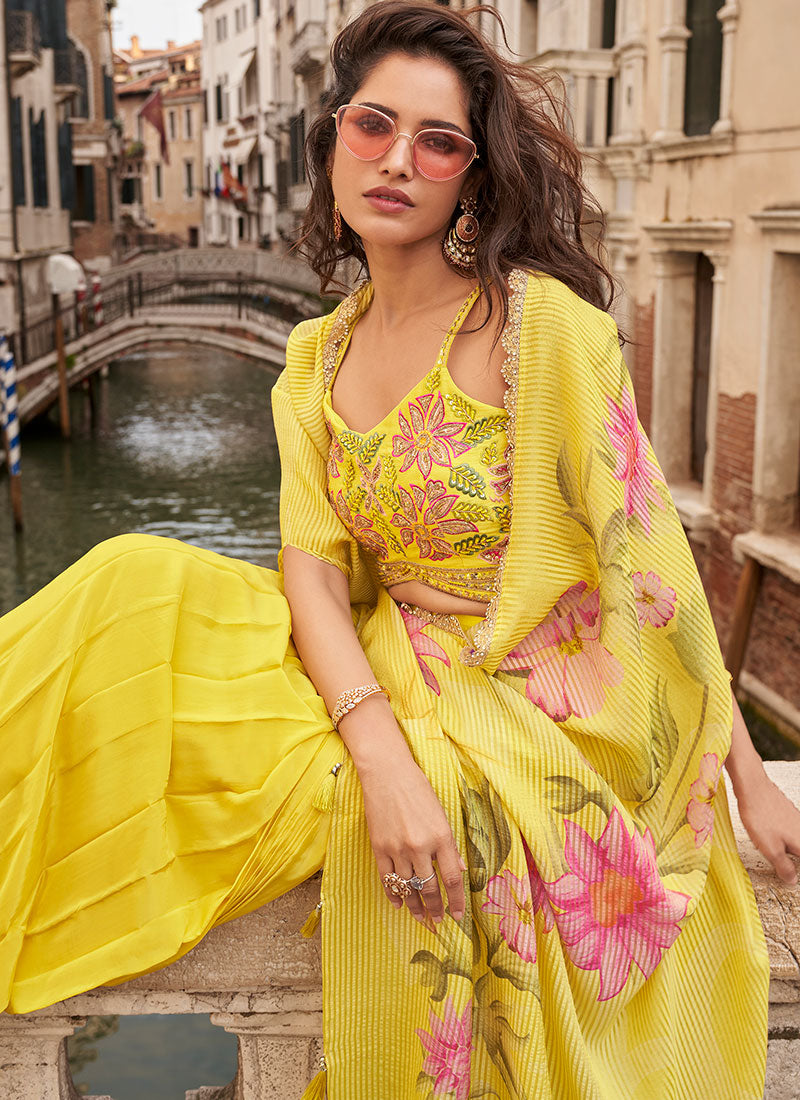 Yellow Handwork Embellished Draped Skirt Set