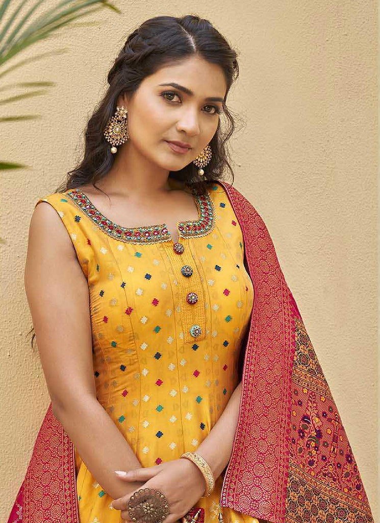 Yellow Mirror Work Embroidery Silk Anarkali Suit In USA California