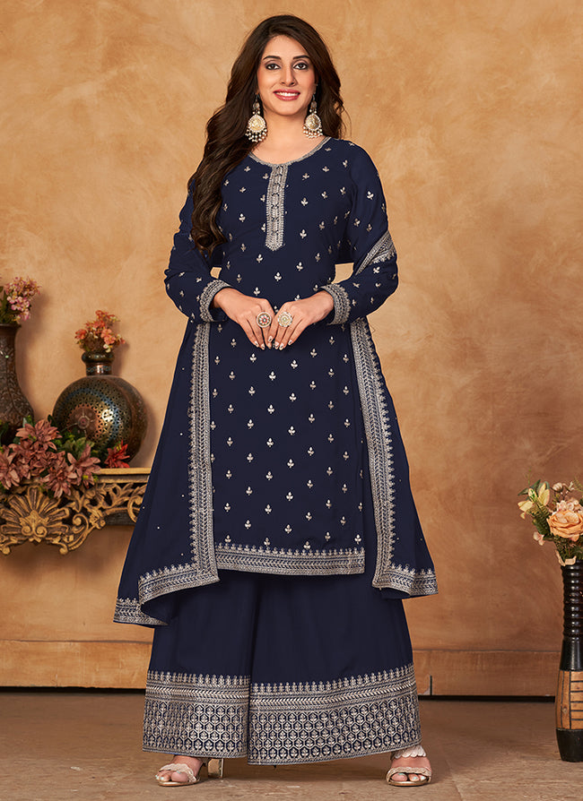 Blue Embroidery Traditional Palazzo Suit