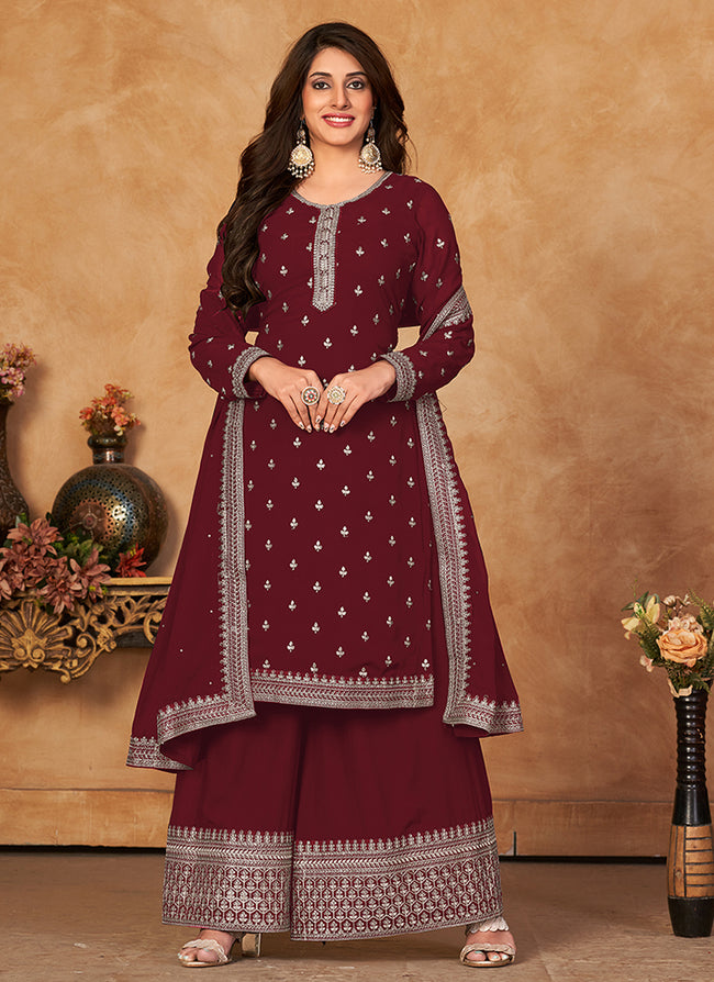 $36 - $48 - Maroon Palazzo Salwar Kameez and Maroon Palazzo Salwar Suits  online shopping