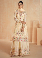 Cream White Multi Embroidery Festive Palazzo Suit