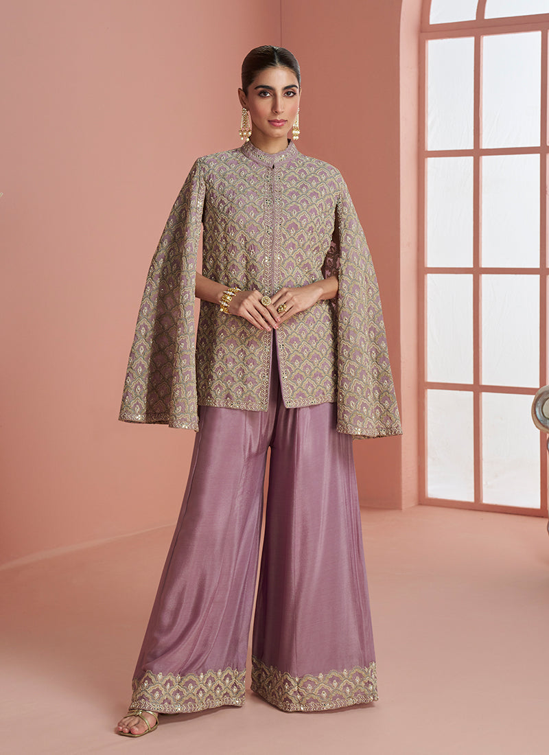 Mauve Purple Embroidery Cape Top and Palazzo Set