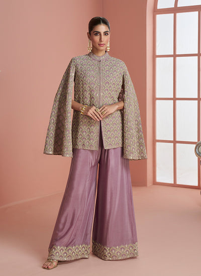 Mauve Purple Embroidery Cape Top and Palazzo Set