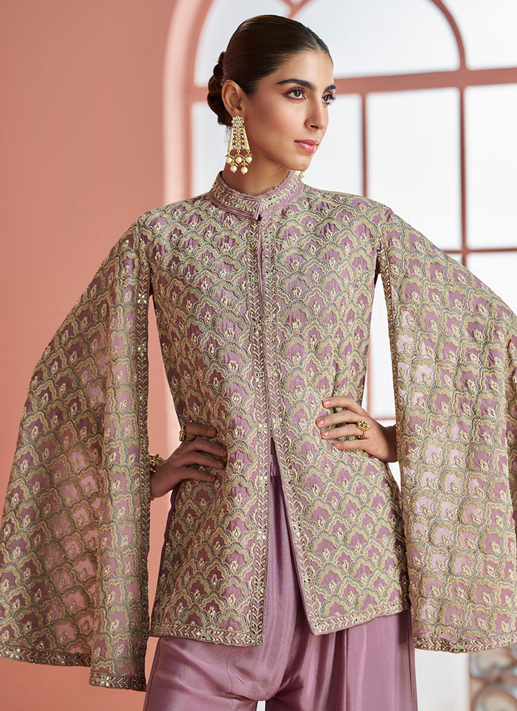 Mauve Purple Embroidery Cape Top and Palazzo Set