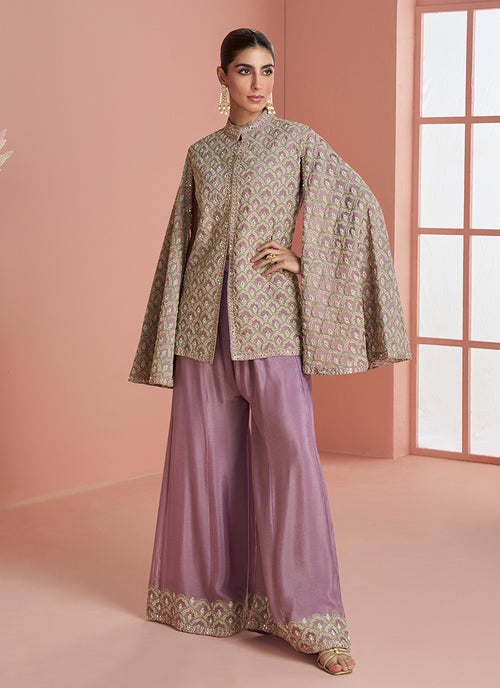 Mauve Purple Embroidery Cape Top and Palazzo Set