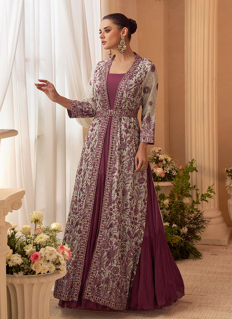Indian Jacket Dress Shop Latest Mauve Purple Embroidery Jacket Style Anarkali Gown Indian Jacket Dress Shop Latest Mauve Purple Embroidery Jacket Style Anarkali Gown
