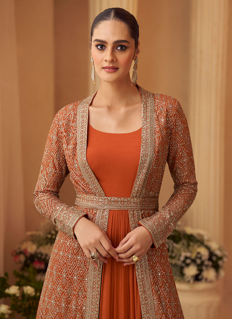Shop Orange Anarkali Suits With Jacket At Hatkay