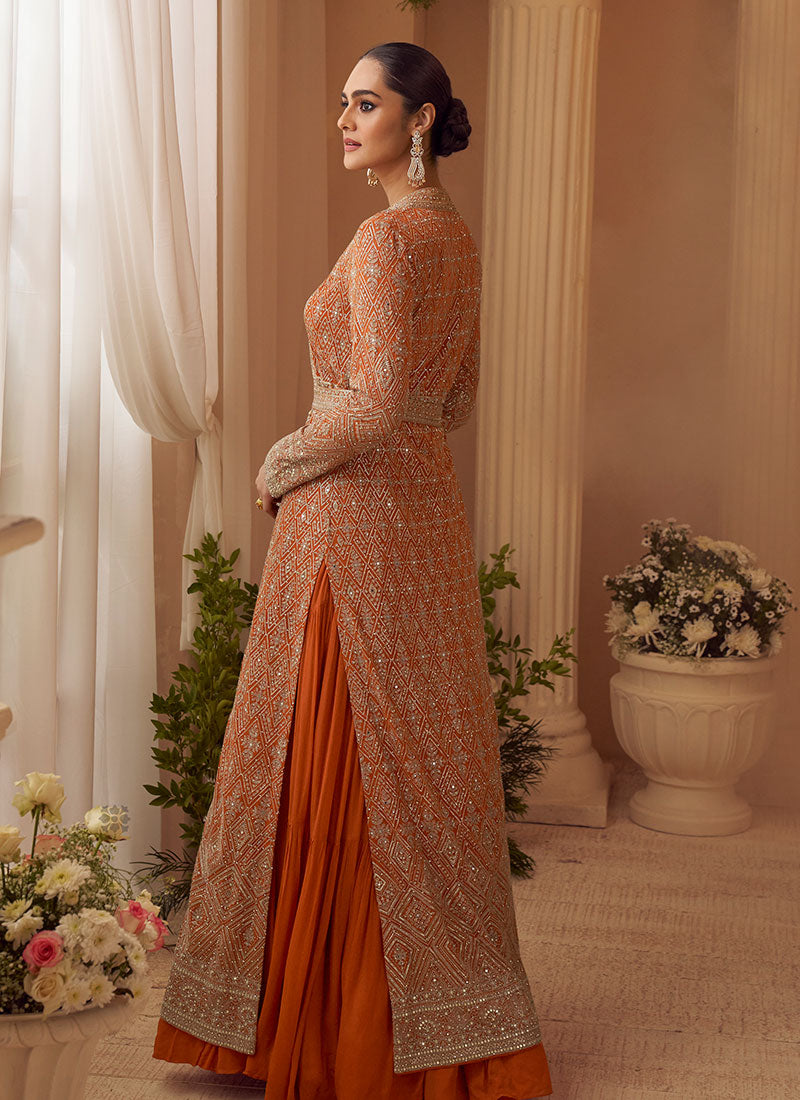 Shop Orange Golden Jacket Style Anarkali Gown In UK