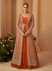 Orange Golden Jacket Style Anarkali Gown