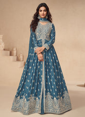 Royal Blue Embroidered Slit Style Anarkali Lehenga