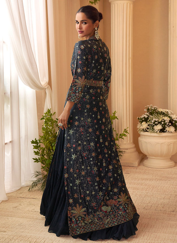 Dark Blue Embroidery Jacket Style Anarkali Gown