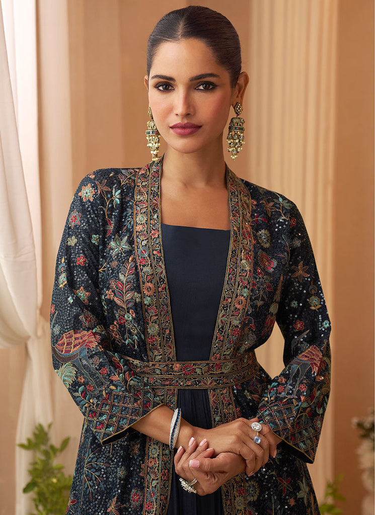 Dark Blue Embroidery Jacket Style Anarkali Gown