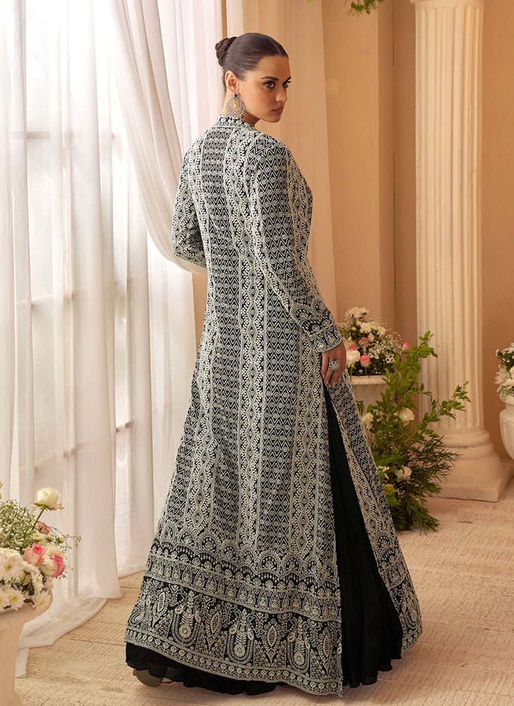 Black And White Embroidery Jacket Style Anarkali Gown