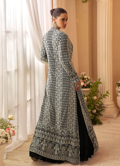 Black And White Embroidery Jacket Style Anarkali Gown