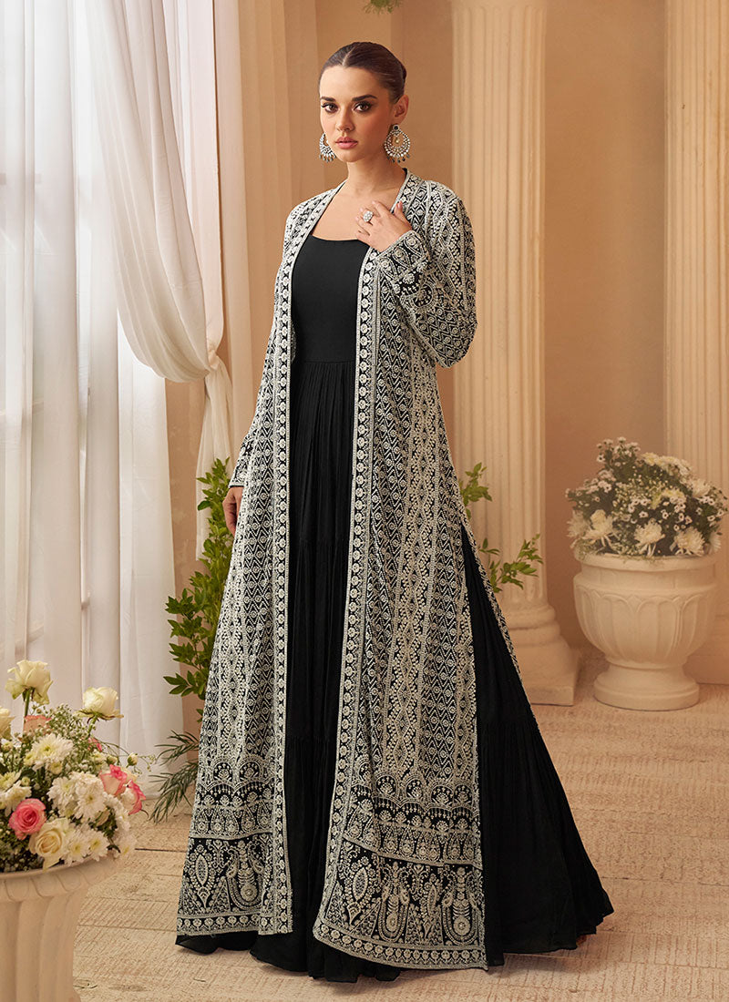 Black And White Embroidery Jacket Style Anarkali Gown