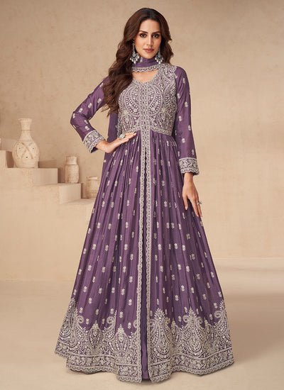Rich Purple Embroidered Slit Style Anarkali Lehenga