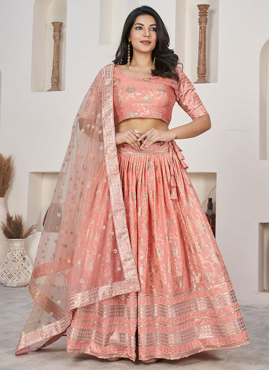 Peach Sequence Embroidery Jacquard Lehenga Choli