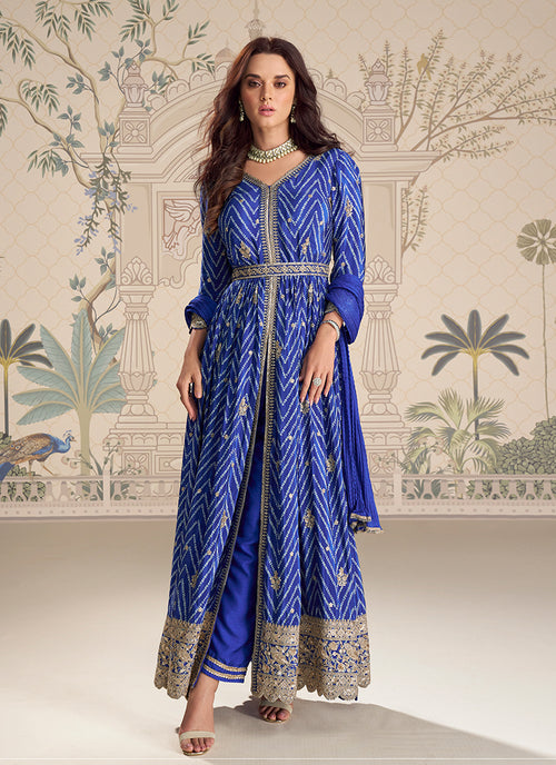 Blue Embroidered Slit-Style Anarkali Pant Suit