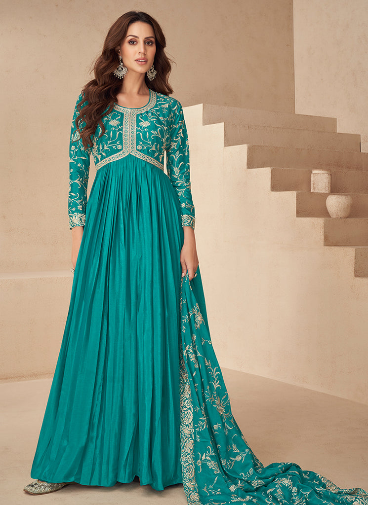 Shop Anarkalis Suits - Teal Blue Traditional Embroidery Anarkali Gown Dress Shop Anarkalis Suits - Teal Blue Traditional Embroidery Anarkali Gown Dress