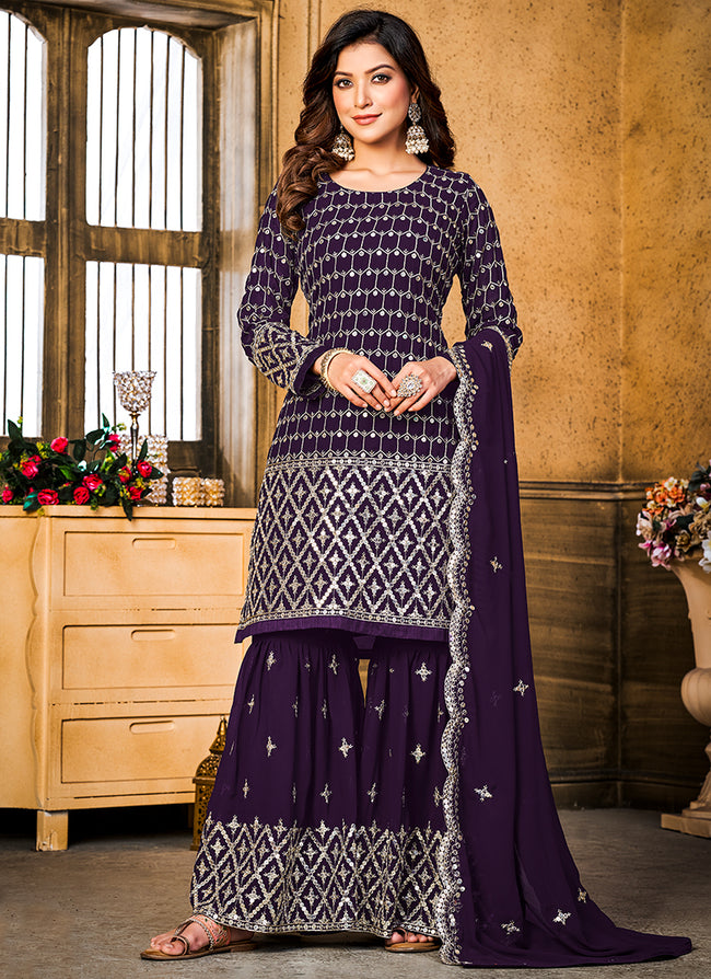 Purple Sequence Embroidery Wedding Gharara Style Suit