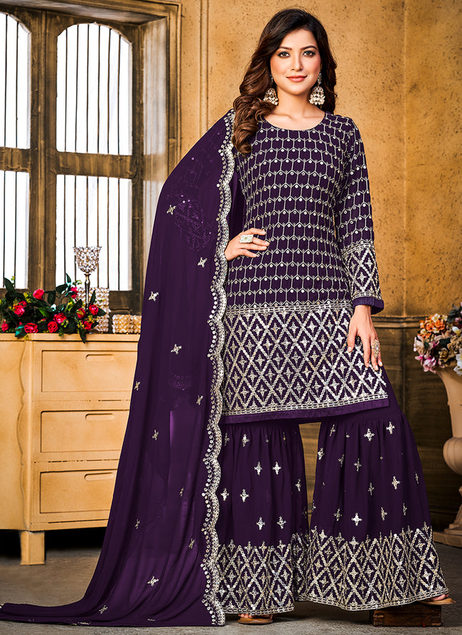 Purple Sequence Gharara Style Suit In USA