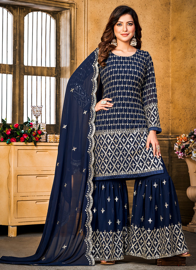 Blue Sequence Embroidery Wedding Gharara Style Suit In USA