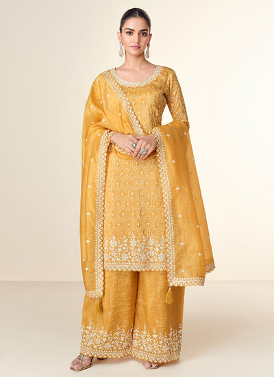 Bright Yellow Embroidery Party Wear Palazzo Suit
