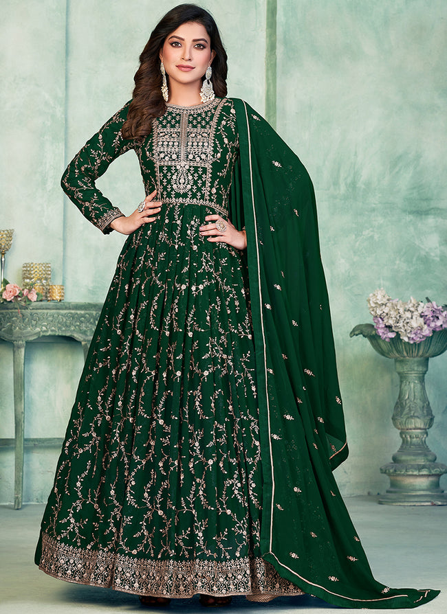 Dark Green Embroidery Wedding Anarkali Suit