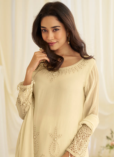 Cream Schiffli Embroidery Georgette Palazzo Suit