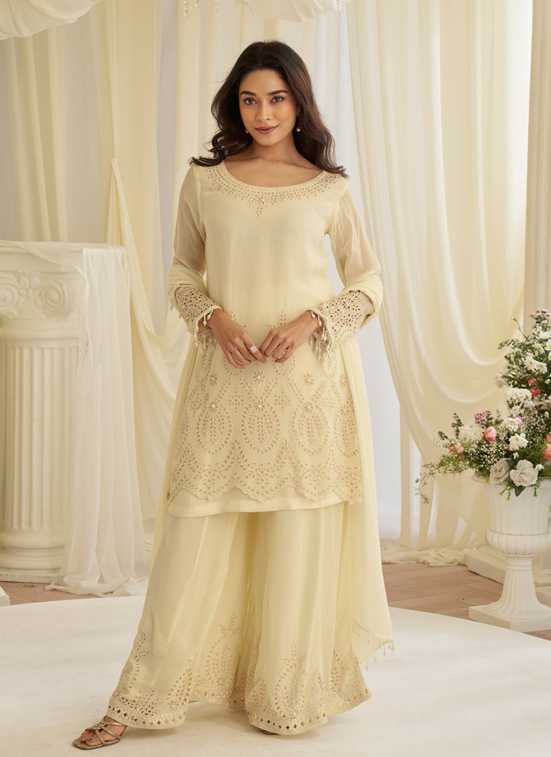 Cream Schiffli Embroidery Georgette Palazzo Suit