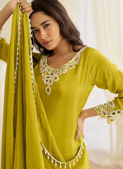 Lime Green Embroidery Farshi Shalwar Suit