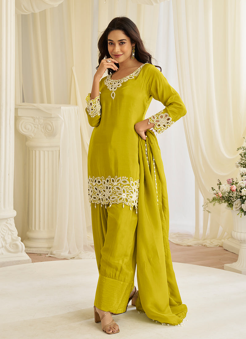 Lime Green Embroidery Farshi Shalwar Suit