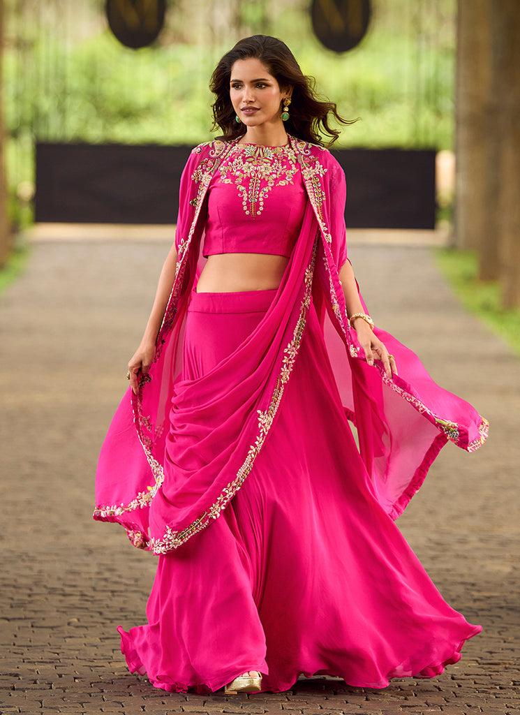 Fuchsia Pink Embroidered Lehenga Saree with Cape Style Jacket