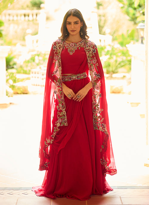 Red Embroidered Lehenga Saree with Cape Style Jacket