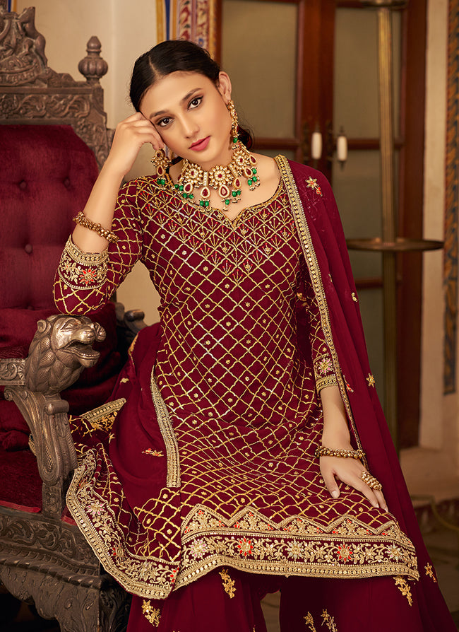 Buy Maroon color georgette Indian wedding Palazzo suit in UK, USA and  Canada | Pakistani dress design, Fashion, Party wear
