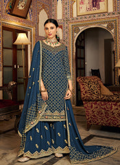 Turquoise Blue Multi Embroidery Traditional Palazzo Suit