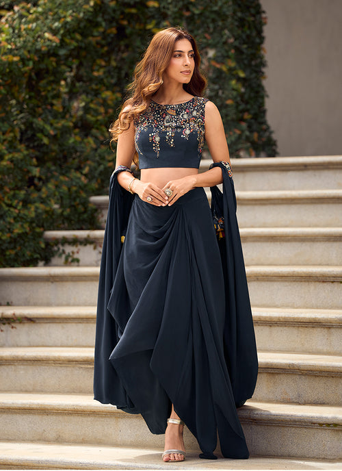 Navy Blue Embroidered Drape Skirt Set