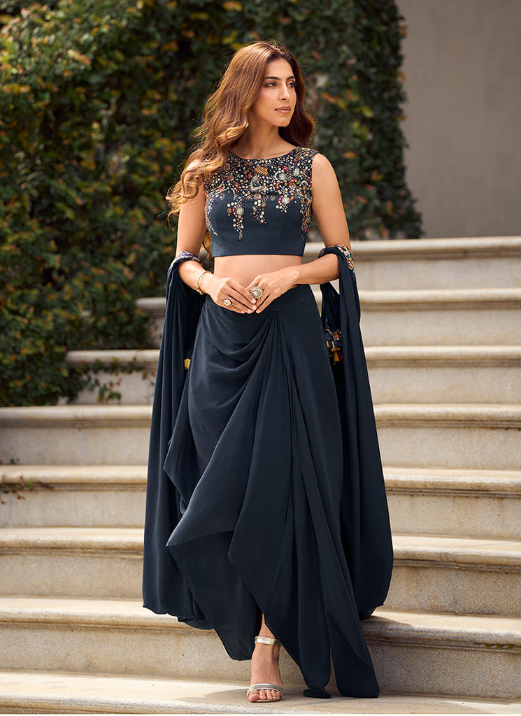 Navy Blue Embroidered Drape Skirt Set