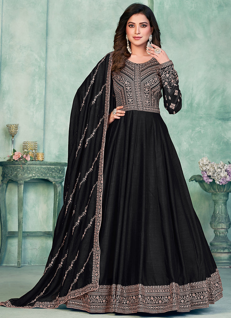 Black Embroidery Traditional Silk Anarkali Suit xl