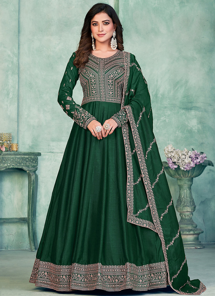 Buy Engagement Suits - Green Embroidery Traditional Silk Anarkali Suit Buy Engagement Suits - Green Embroidery Traditional Silk Anarkali Suit