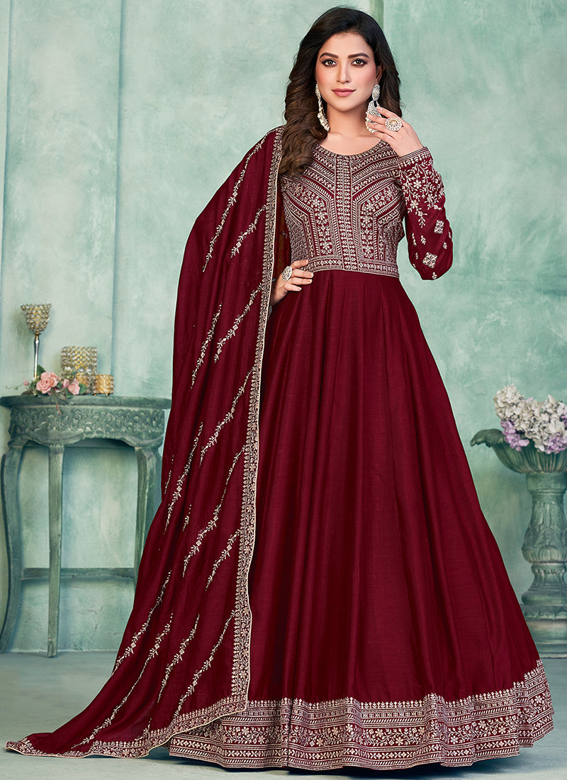 Red Embroidery Traditional Silk Anarkali Suit