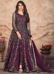 Deep Wine Embroidered Slit Style Anarkali Pant Suit