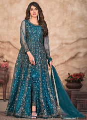 Turquoise Embroidered Slit Style Anarkali Pant Suit