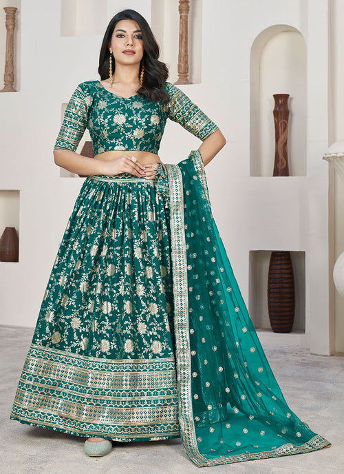 Turquoise Sequence Embroidery Jacquard Lehenga Choli