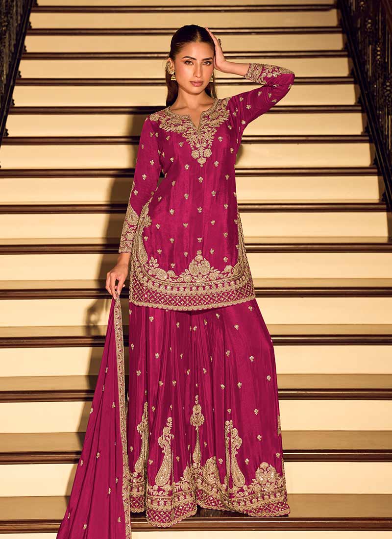 Magenta Embroidery Festive Wear Sharara Suit