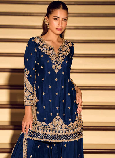 Royal Blue Embroidery Festive Wear Sharara Suit