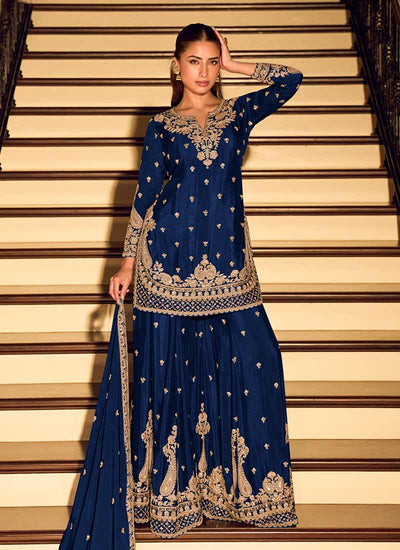 Royal Blue Embroidery Festive Wear Sharara Suit