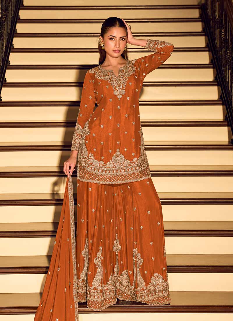 Orange Embroidery Festive Wear Sharara Suit