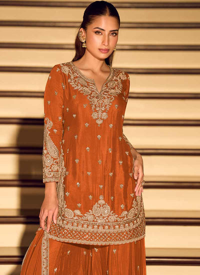 Orange Embroidery Festive Wear Sharara Suit